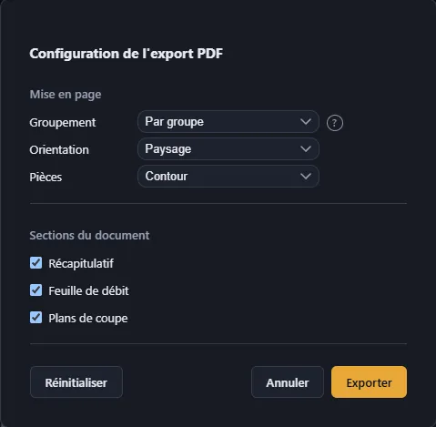 Modale d'export PDF — options de mise en page