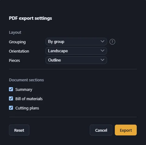 PDF export modal — page layout options