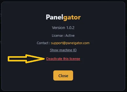 The "Deactivate this license" button in the About modal