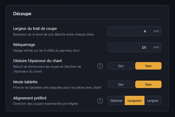 Réglages de découpe