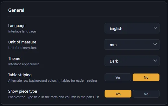 Settings tab — General section