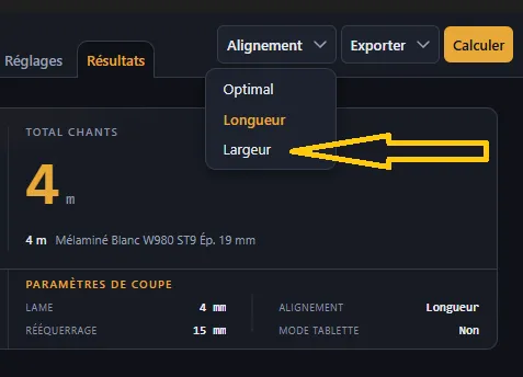 Menu Alignement — bascule Longueur / Largeur